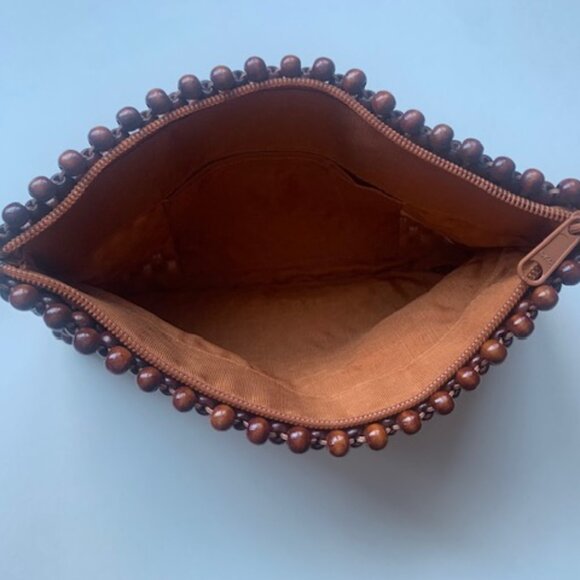 Vintage Wooden Beaded Clutch Brown Boho Y2K Zip Pouch - Picture 3 of 6